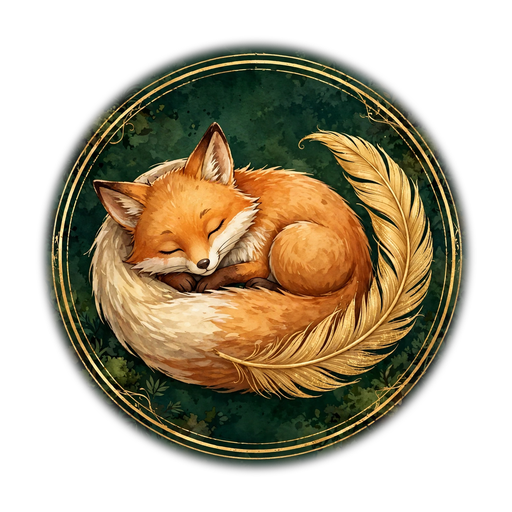 Fox Feather Farms emblem — a sleeping fox curled around a golden feather in a gold ring