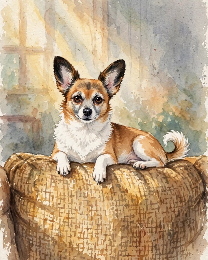 Watercolour portrait of Daisy, a small tan-and-white chihuahua and papillon dog with tall upright ears and a curled tail, lying on a round cushion in a sunlit room