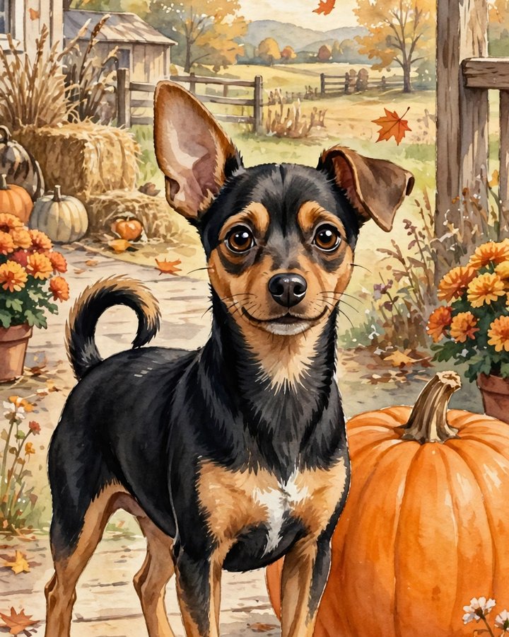 Watercolour portrait of Jojo, a small black-and-tan miniature pinscher and Yorkie dog with one ear up and the other flopped, standing in an autumn farmyard beside a large orange pumpkin