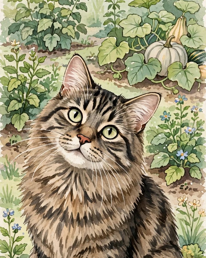 Watercolour portrait of Lola, a long-haired grey tabby cat with green eyes and long white whiskers, sitting in a green garden beside a white pumpkin