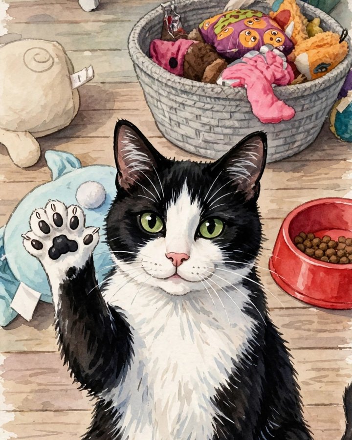 Watercolour portrait of Mittens, a black-and-white tuxedo cat with green eyes, raising one white front paw with extra toes, her toy basket and food bowl behind her