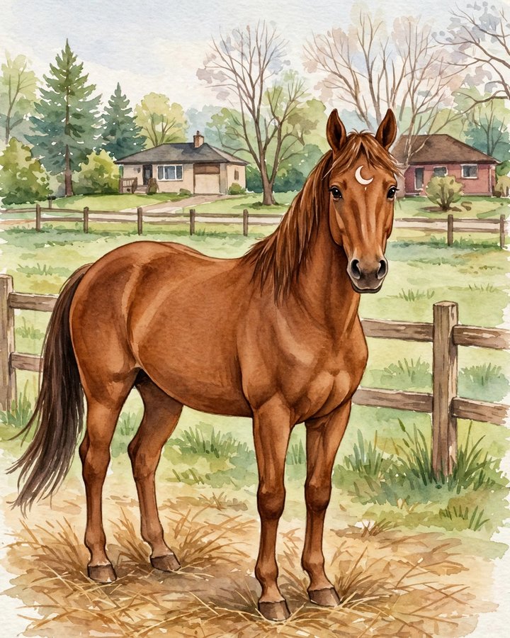 Watercolour portrait of Moon, a chestnut mare with a slim white moon-shaped streak on her forehead, standing by a wooden fence in a green pasture