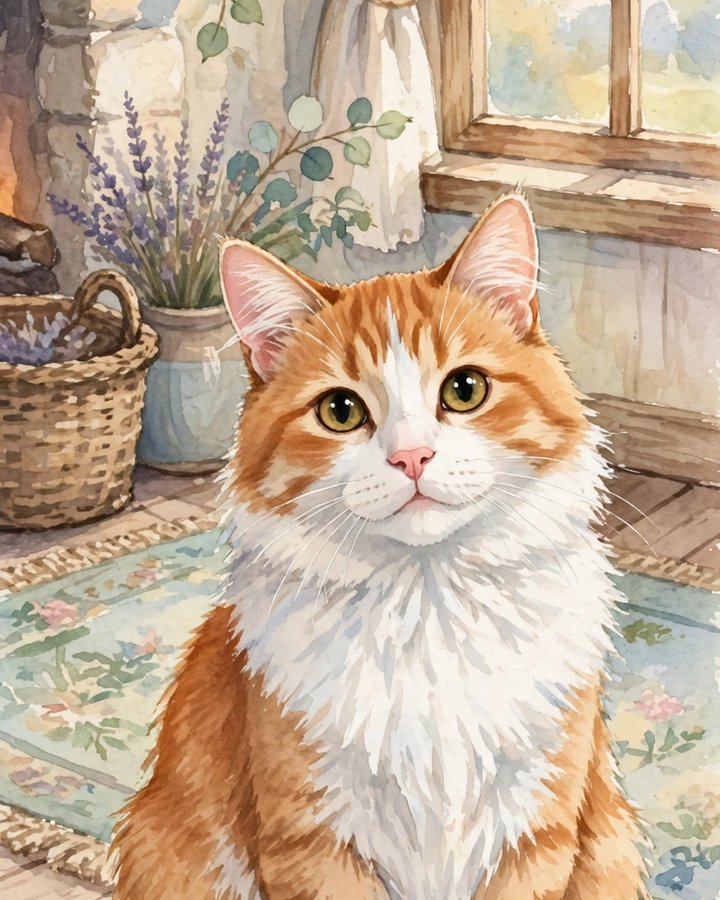 Watercolour portrait of Peaches, a fluffy orange-and-white cat with a pink nose, sitting on a floral rug in a cozy farmhouse room