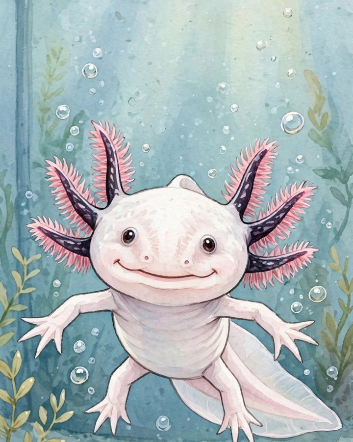 Watercolour portrait of Sancheska, a pale pink axolotl with feathery pink gills, swimming toward the viewer among bubbles in her tank